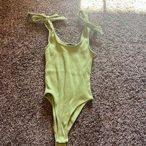 Green Ribbed Bodysuit with Ribbon Tie Straps